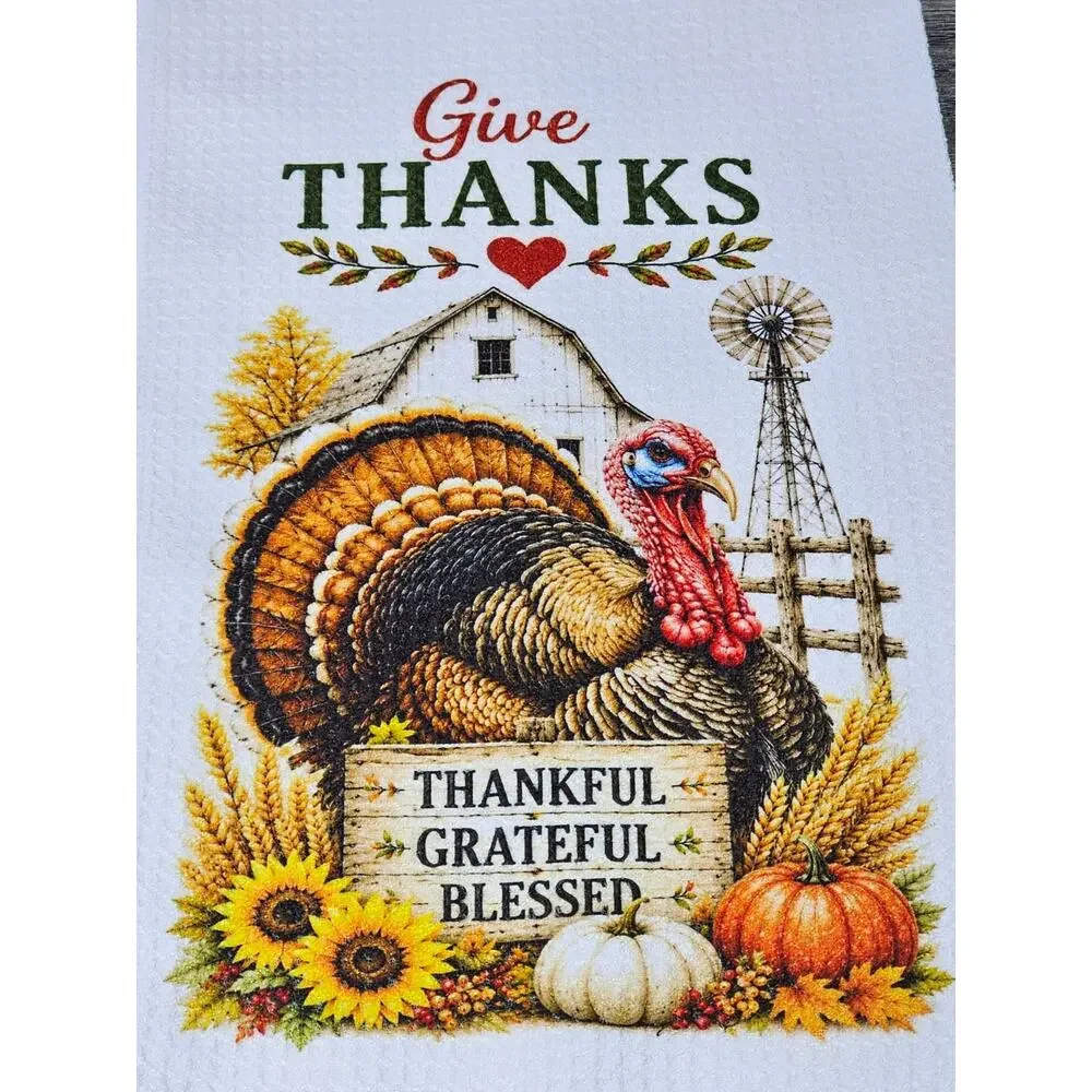 Give Thanks Turkey Kitchen Towel Farmhouse Thanksgiving Decor